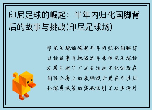 印尼足球的崛起：半年内归化国脚背后的故事与挑战(印尼足球场)