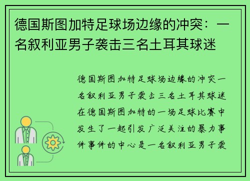 德国斯图加特足球场边缘的冲突：一名叙利亚男子袭击三名土耳其球迷