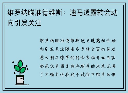 维罗纳瞄准德维斯：迪马透露转会动向引发关注