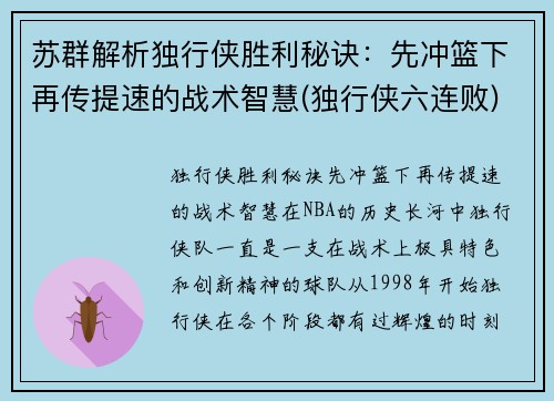 苏群解析独行侠胜利秘诀：先冲篮下再传提速的战术智慧(独行侠六连败)