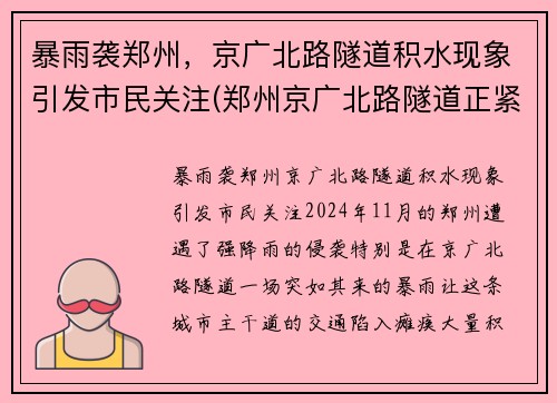 暴雨袭郑州，京广北路隧道积水现象引发市民关注(郑州京广北路隧道正紧急排水)