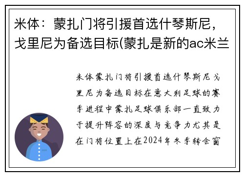 米体：蒙扎门将引援首选什琴斯尼，戈里尼为备选目标(蒙扎是新的ac米兰)