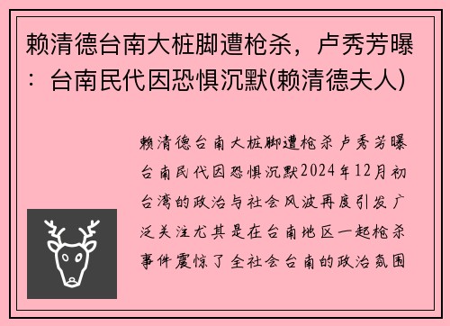 赖清德台南大桩脚遭枪杀，卢秀芳曝：台南民代因恐惧沉默(赖清德夫人)