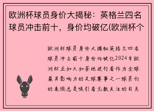 欧洲杯球员身价大揭秘：英格兰四名球员冲击前十，身价均破亿(欧洲杯个人身价排名)